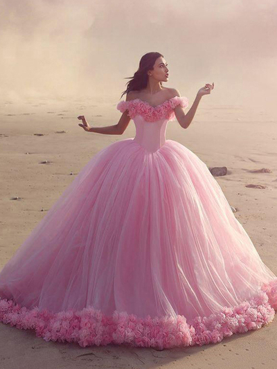 A-line Prom Dress,2022 Pink Off-the-shoulder Floor-length Tulle Custom Party Dresses,679