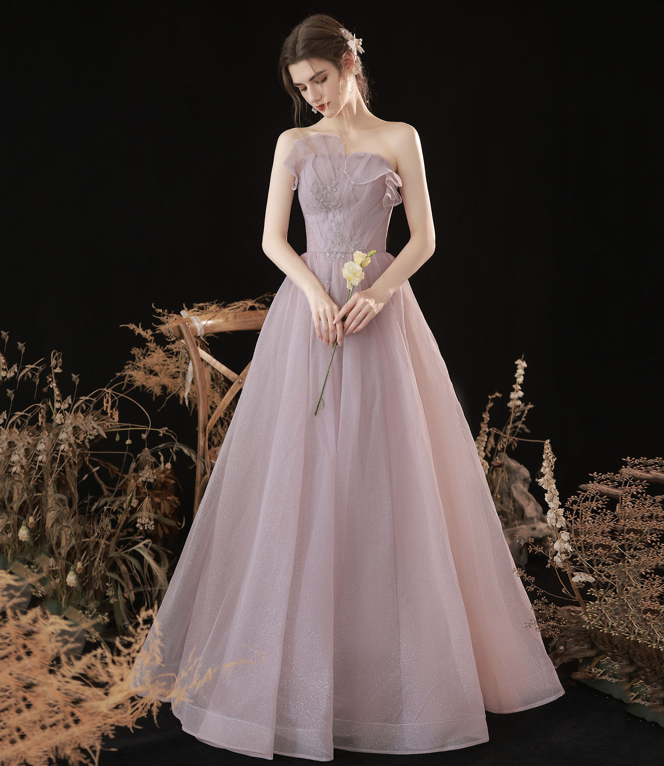 Pink tulle long A line prom gown pink evening gown