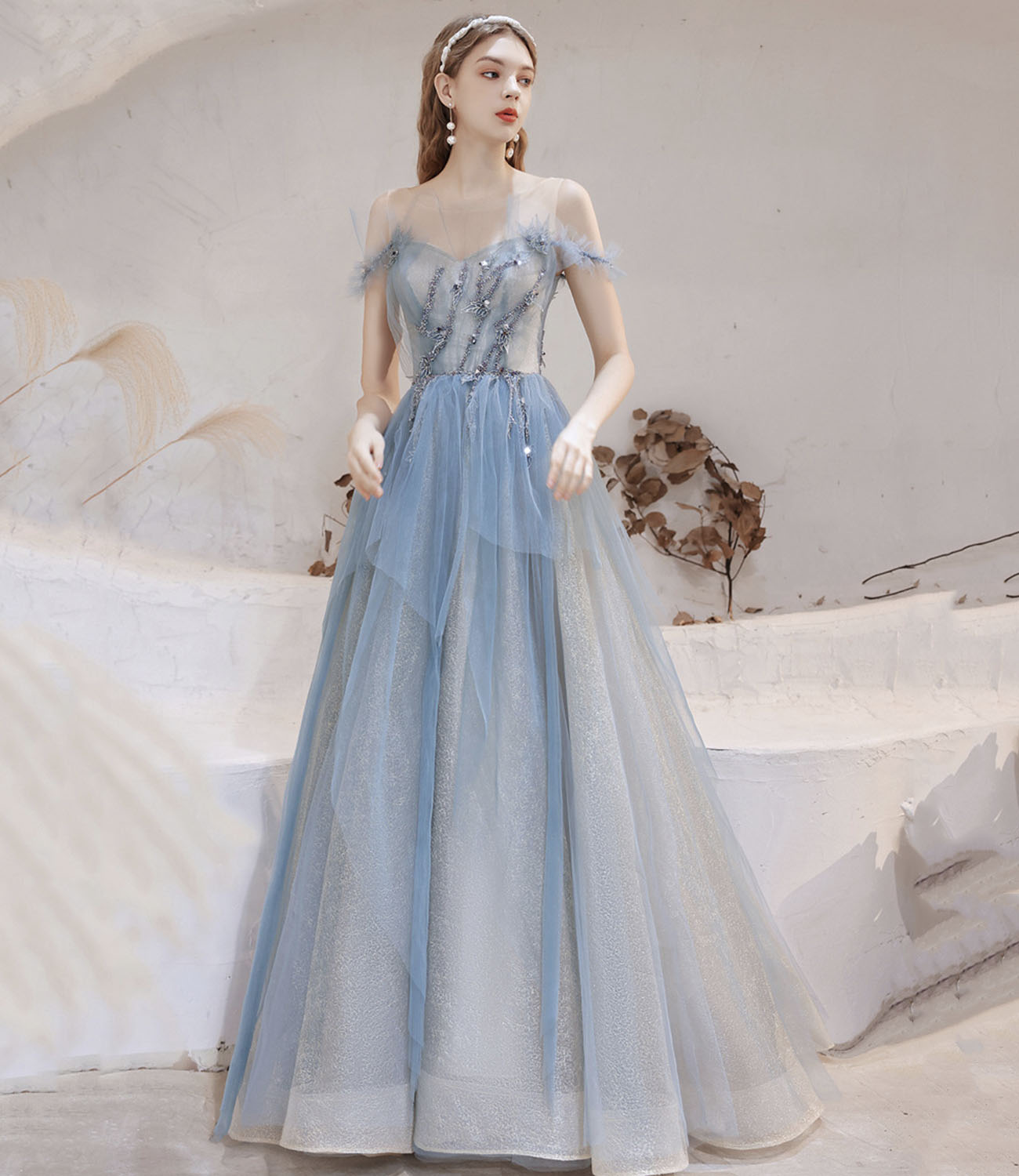 Blue tulle beads long prom dress blue evening dress