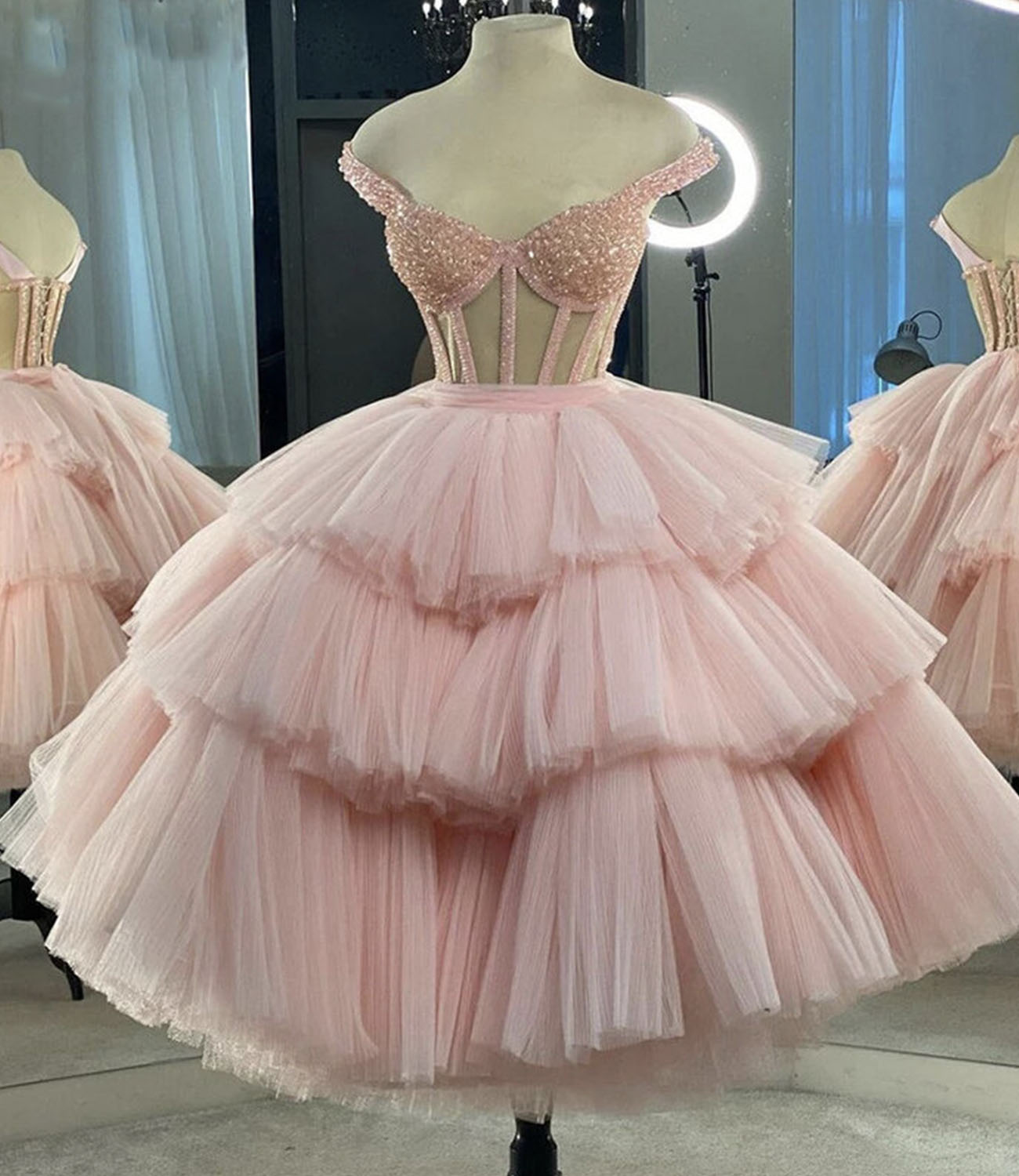 Pink tulle sequins short prom dress party dress