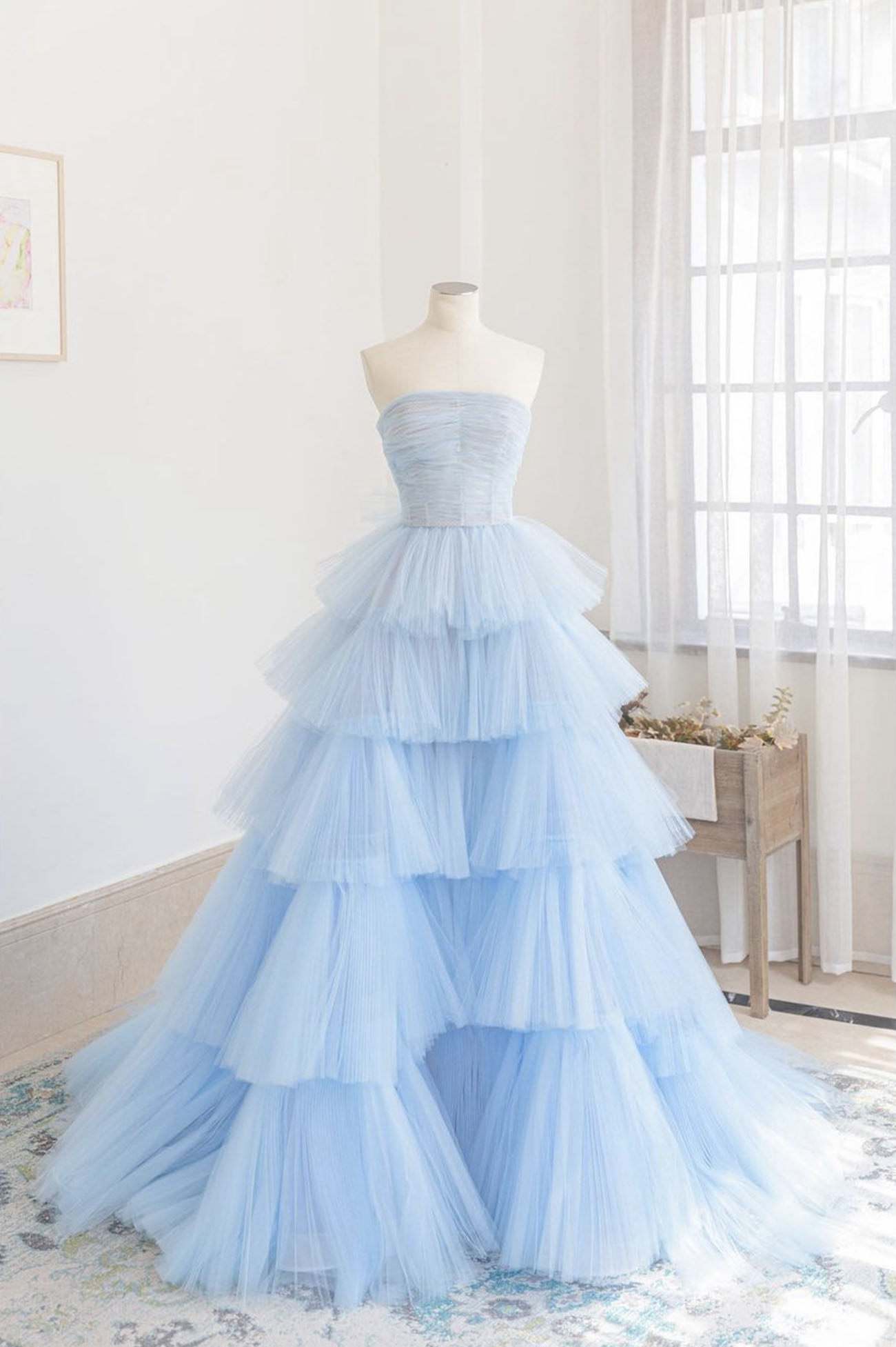 Blue tulle long prom gown A line evening gown
