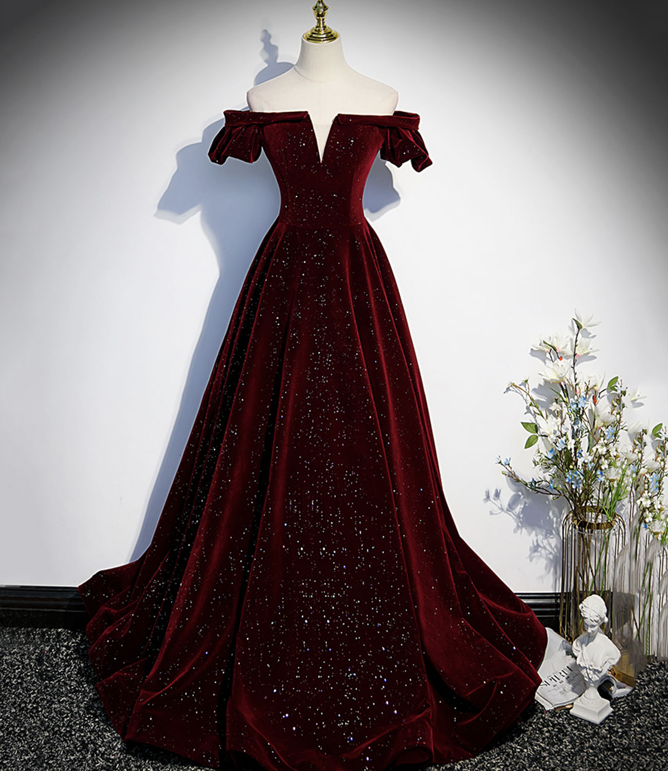 Burgundy velvet long prom dress A line evening gown