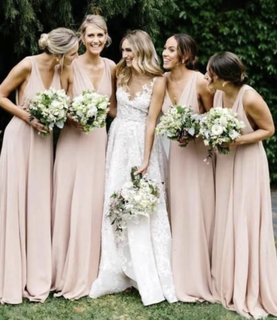 Deep V Neck Pale Pink Bridesmaid Dresses