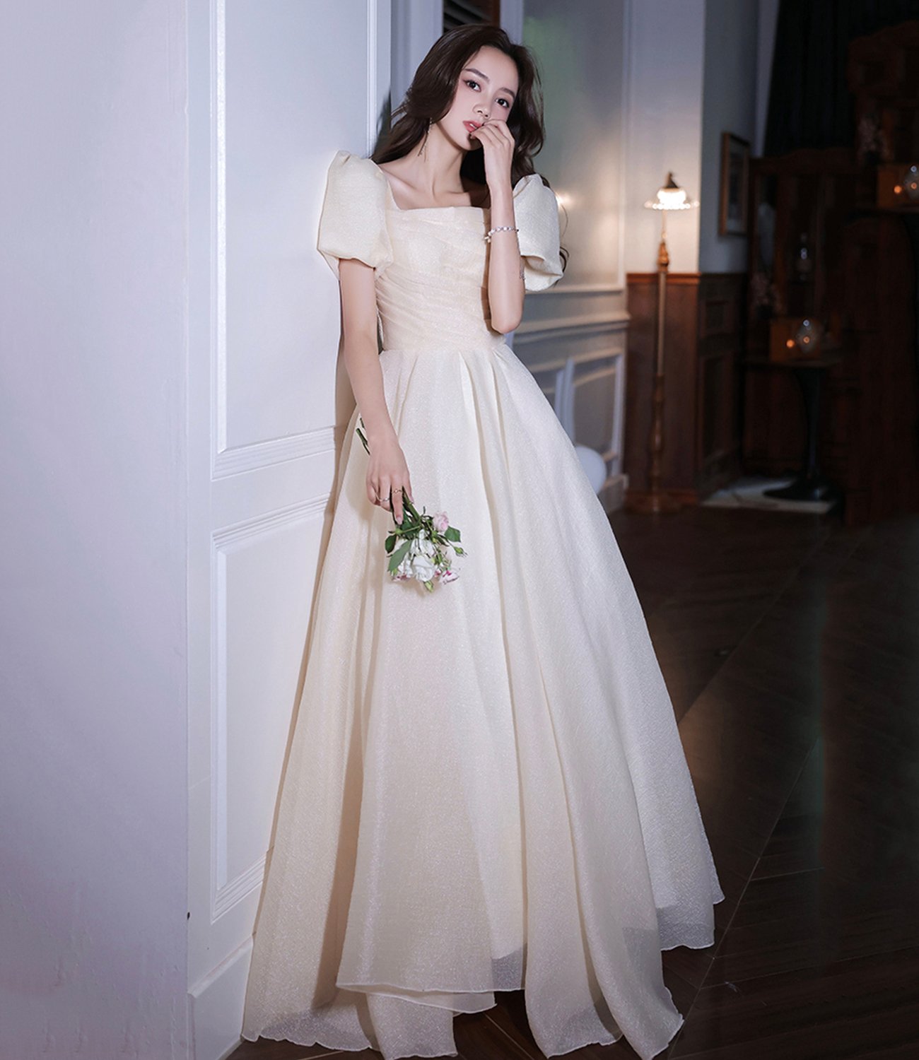 Champagne tulle long prom dress evening gown