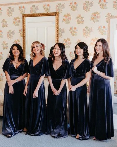 Elegant Velvet Ruffled Sleeves Navy Bridesmaid Dresses