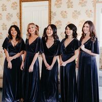Elegant Velvet Ruffled Sleeves Navy Bridesmaid Dresses - Thumbnail 1