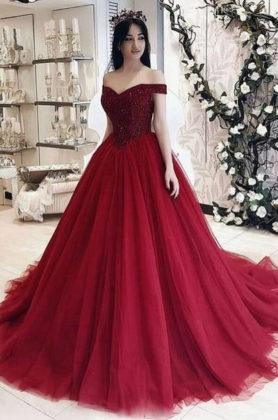 Off the Shoulder Burgundy Tulle Prom Dresses with Beading