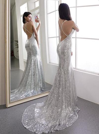 Sexy Mermaid Silver Backless Prom Dresses Party Dresses