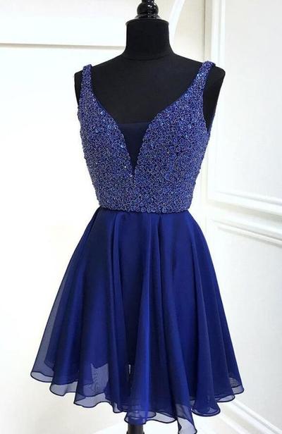 Cute A-Line Deep V Neck Royal Blue Homecoming Dresses