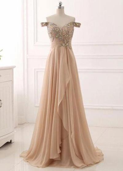 Elegant Champagne A-line Chiffon Prom Dress With Beaded