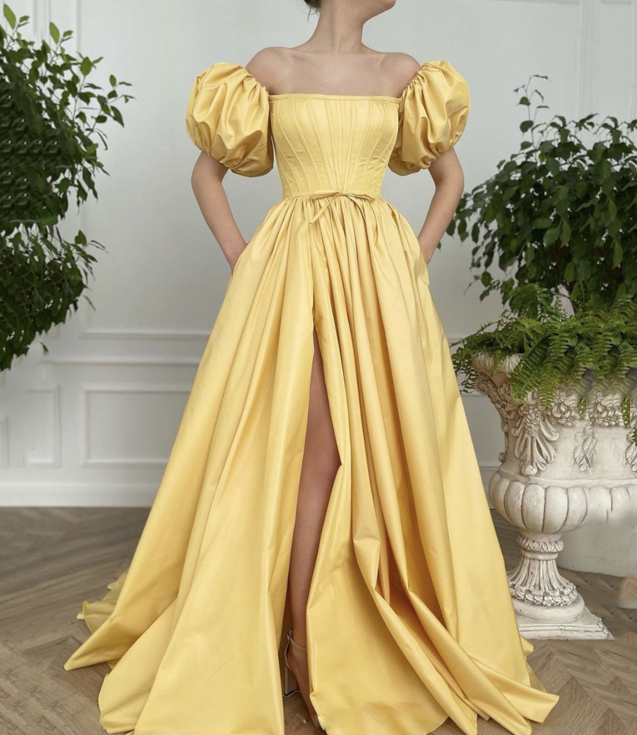 Yellow satin long prom dress A line evening gown
