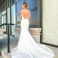Elegant Mermaid Scoop Neck Satin White Wedding Dresses - Thumbnail 1