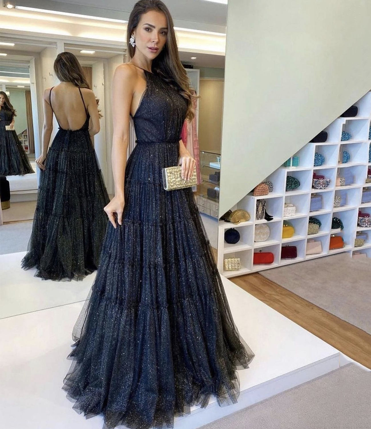 Blue tulle long prom dress A line evening dress