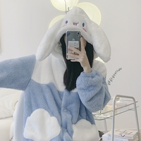 Japanese Winter Soft Plush Fluff Embroidery Sanrio Cinnamoroll Ears Hoodies Cute Nightgown Full Overall Blue Cloud Pajamas - Thumbnail 2