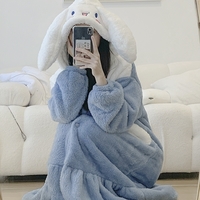 Japanese Winter Soft Plush Fluff Embroidery Sanrio Cinnamoroll Ears Hoodies Cute Nightgown Full Overall Blue Cloud Pajamas - Thumbnail 3