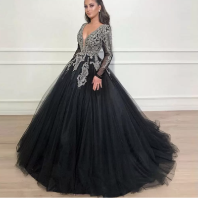 Deep v neck prom dresses with sleeves - Thumbnail 5