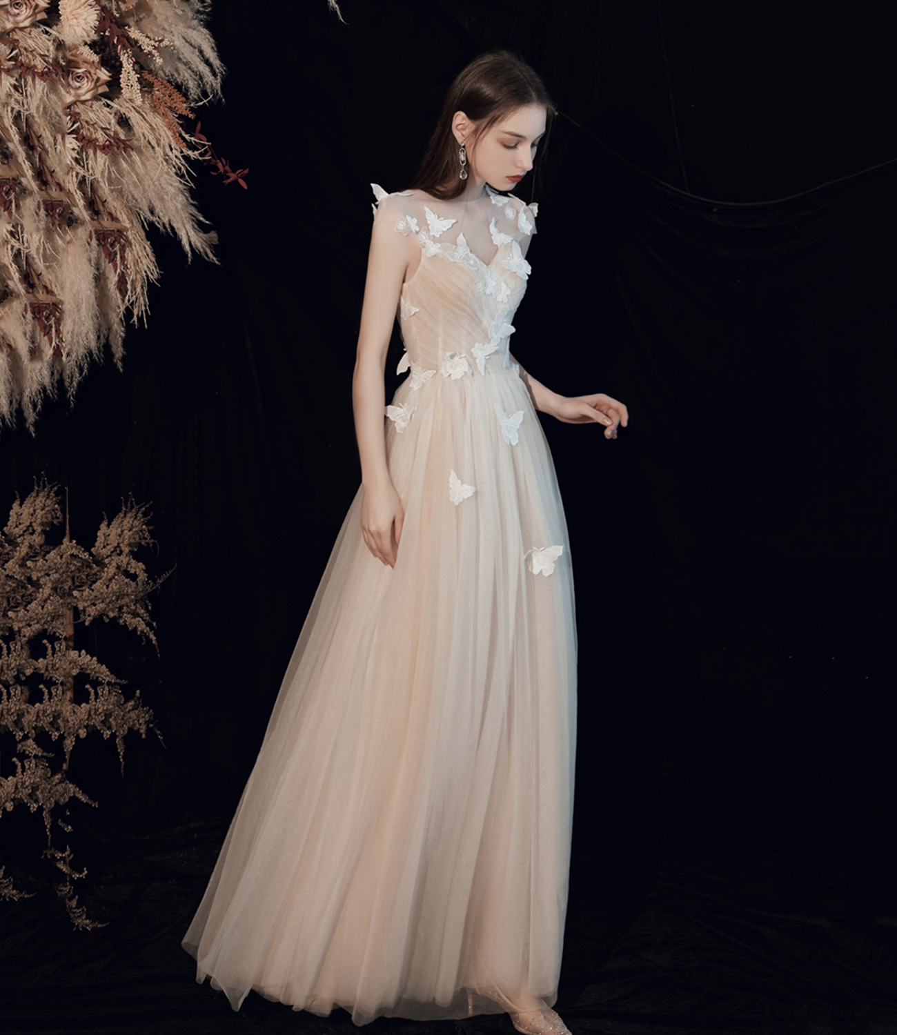 Champagne tulle long prom dress A line evening dress