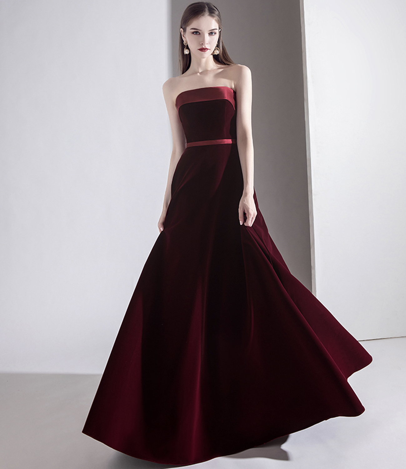 Burgundy velvet long prom dress evening gown