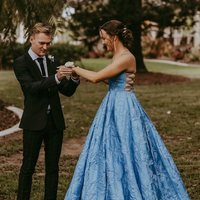 Cute Ball Gown V Neck Straps Blue Prom Dresses with Pockets - Thumbnail 2