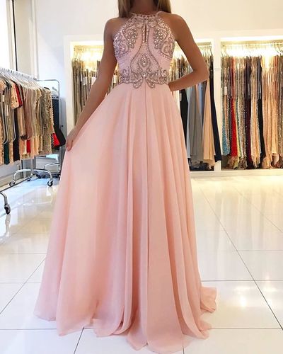 SP1411,Blush pink chiffon prom dresses,beaded long evening gown