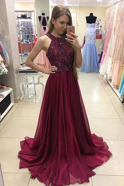 SP1413,Burgundy chiffon prom dresses halter beaded evening party gown