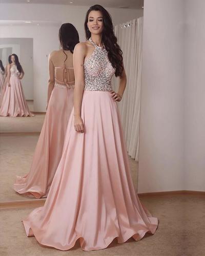 SP1429,Pink Evening Dresses Halter A-Line Beaded Long Prom Dresses