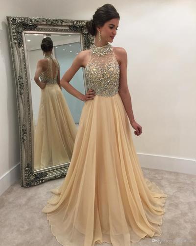 SP1946,Champagne beaded prom dresses chiffon long a-line evening party gown