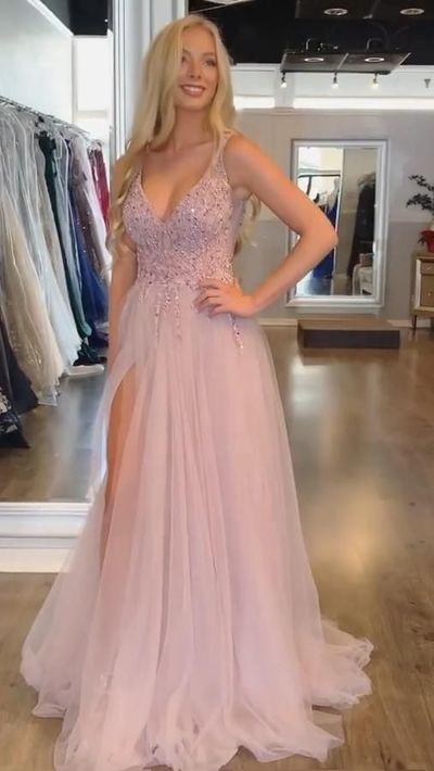 SP1499,Light pink tulle beaded prom dresses side slit long evening dress