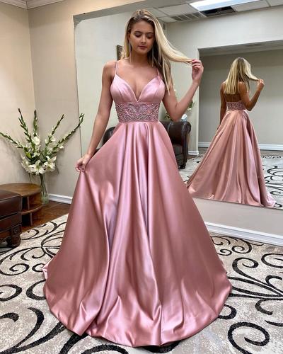 SP1720,Spaghetti straps pink evening party dresses beaded prom ball gown