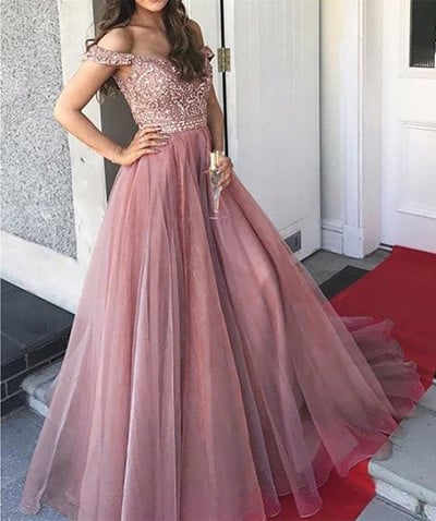 SP1785,Pink off the shoulder beaded ball gown tulle evening party dress