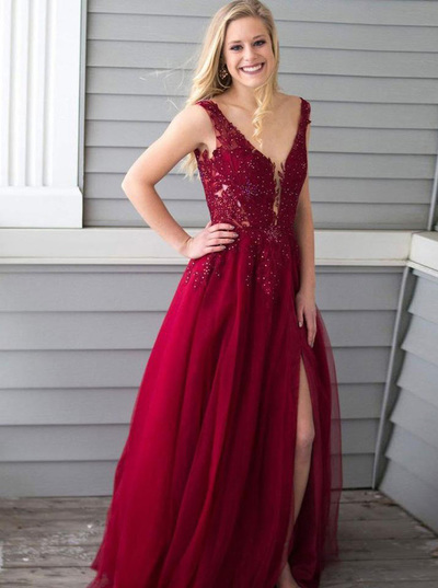 SP1846,Burgundy tulle prom dresses beaded v-neck split party formal gown