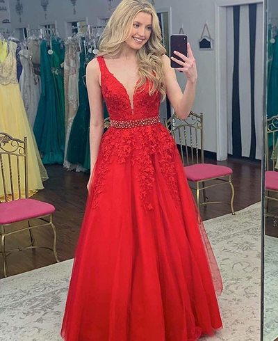 SP1805,Best A Line Sleeveless V neck Floor Length Long Tulle Evening Dress Red Prom Dress