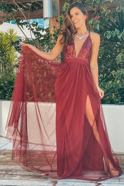 SP1923,Burgundy prom dress sexy prom dresses tulle formal gown