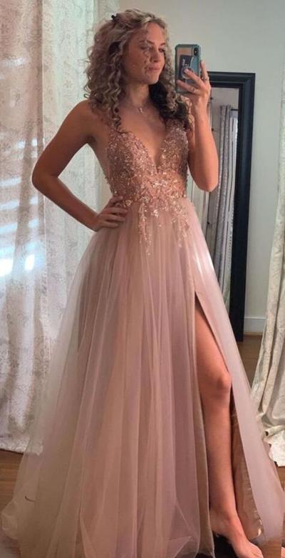 A Line Champagne V-Neck Beading Evening Prom Dresses With Slit