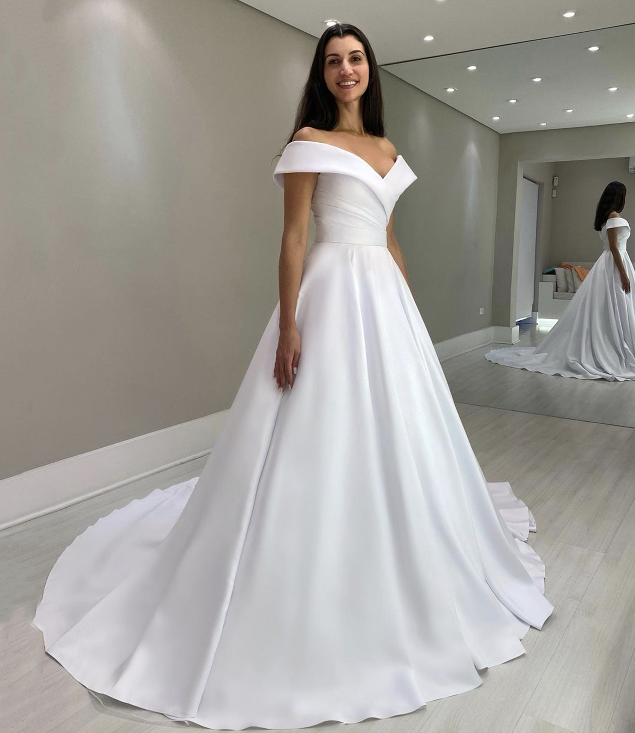 White satin long prom gown A line evening gown