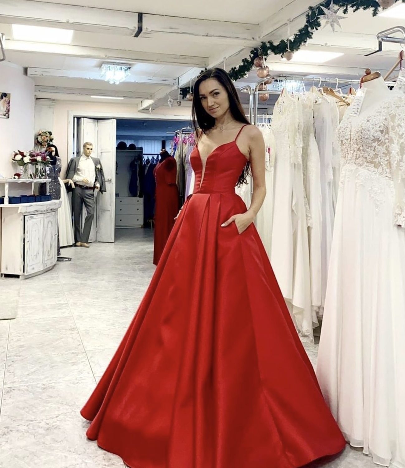 Red saitn long prom dress red evening dress