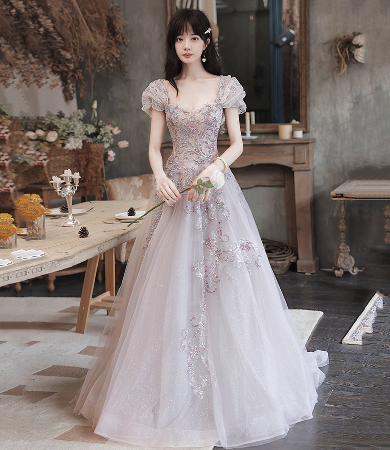 Cute tulle sequins long prom dress evening dress