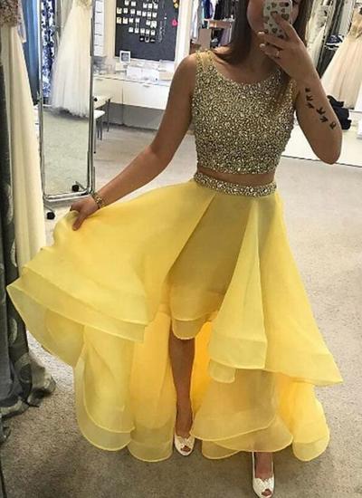 High Low Two-Piece Yellow Prom Dress With Beading