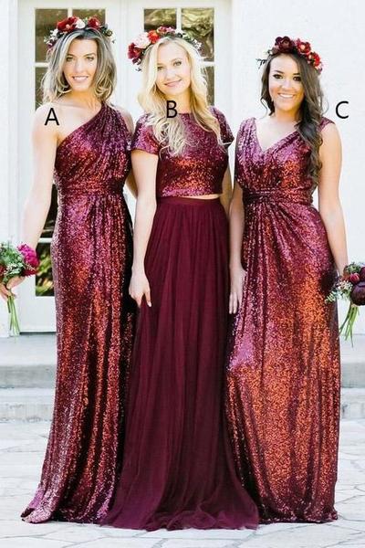 Shiny Burgundy Sequins Bridesmaid Dresses Long Mismatched Bridesmaid Dresses ,1259
