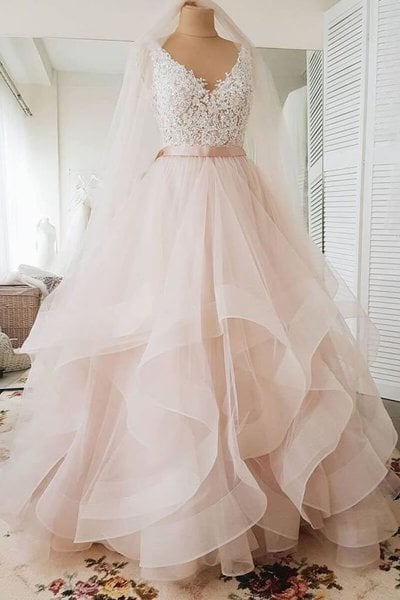 Blush Pink Lace Wedding Dresses Multi-Layered Wedding Gowns with Ribbon,1265