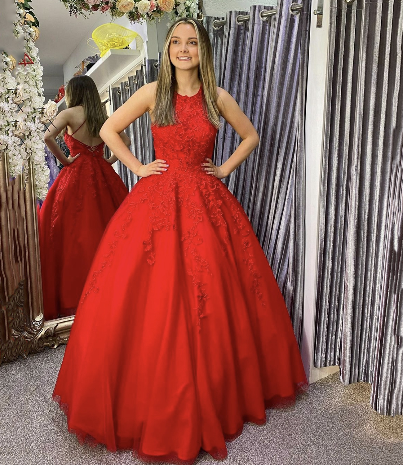 Red lace long A line prom gown red evening gown