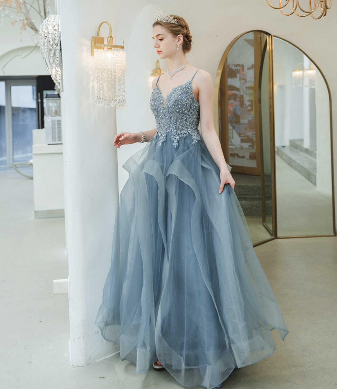 Blue tulle lace long prom dress blue evening gown