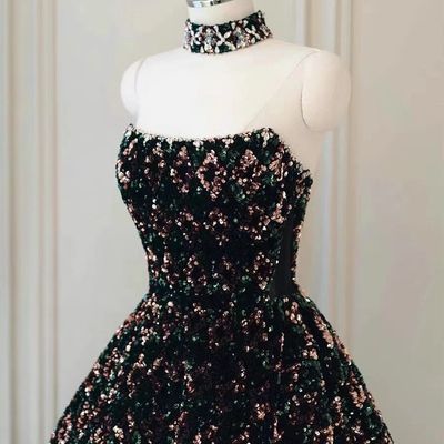 Sparkly ball gwon dark green velvet sequins prom dresses - Thumbnail 4