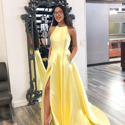Cute ball gown halter daffodil satin prom dress with pockets - Thumbnail 1