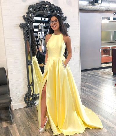 Cute Ball Gown Halter Daffodil Satin Prom Dress with Pockets