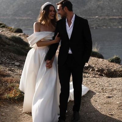 Ball gown off the shoulder white satin wedding dresses - Thumbnail 2