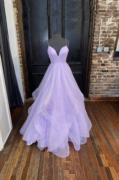 Purple tulle long prom dress A line evening gown
