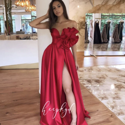 Red v neck prom dresses slit side - Thumbnail 2