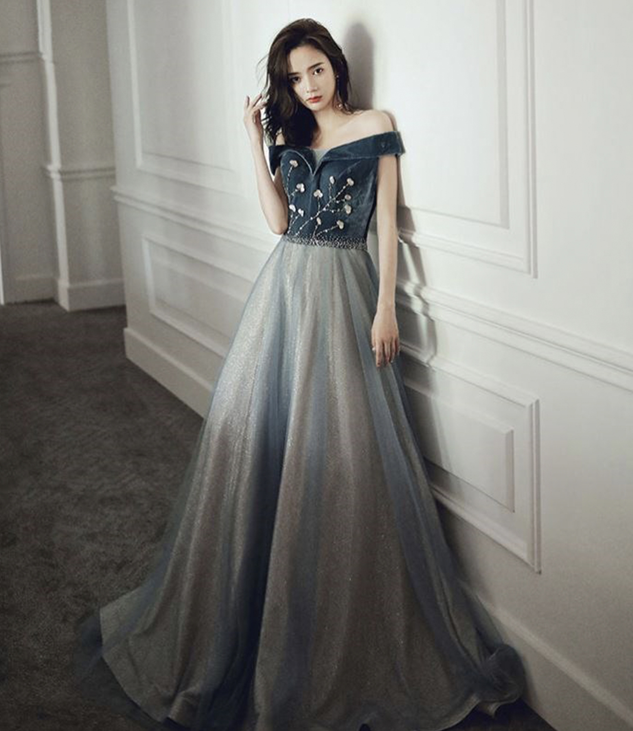Blue velvet tulle long prom dress evening gown