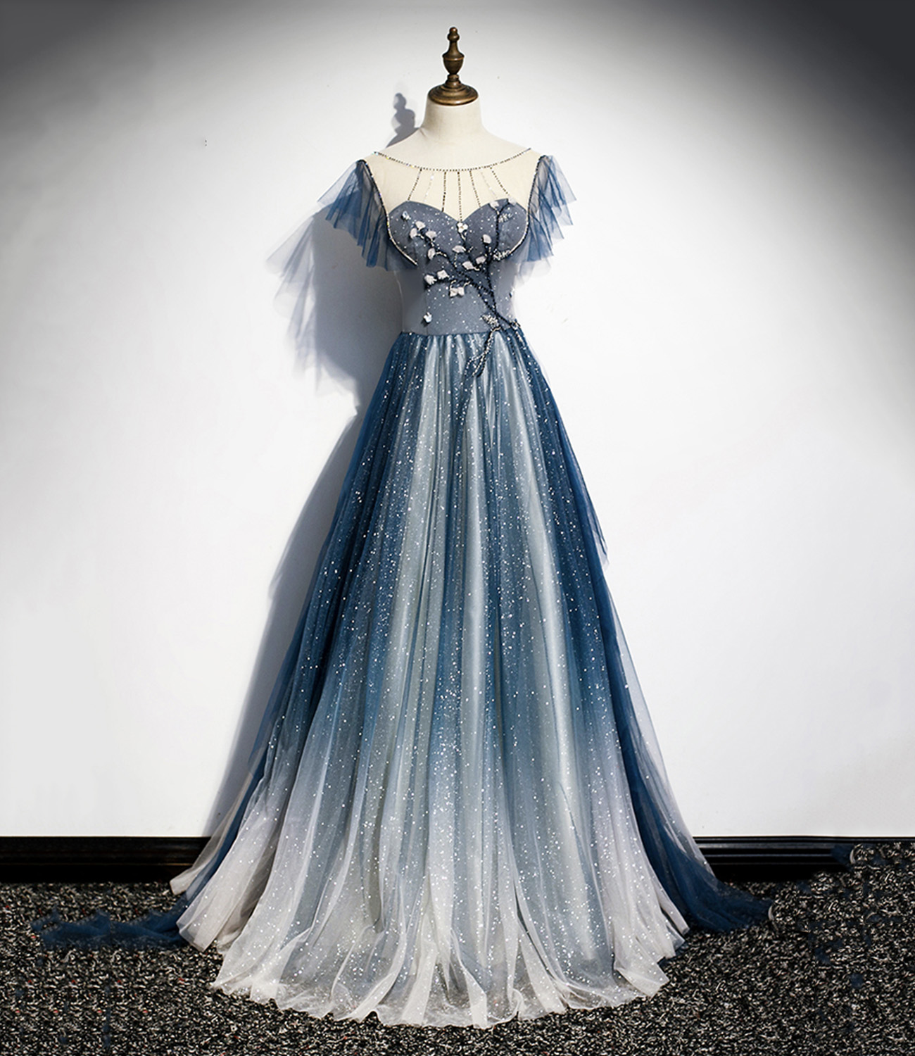 Blue tulle sequins long prom dress blue evening dress